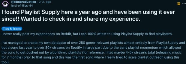 Instagram feedback from a PlaylistSupply user
