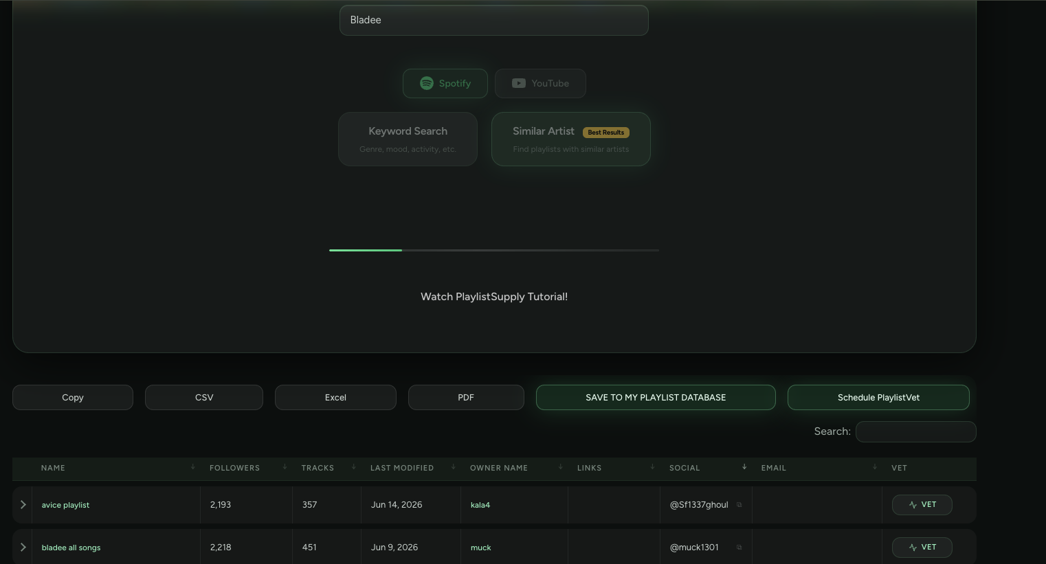 PlaylistSupply Curator Search Results Searching PlaylistSupply for playlist curators and their contact details with VET quality checks