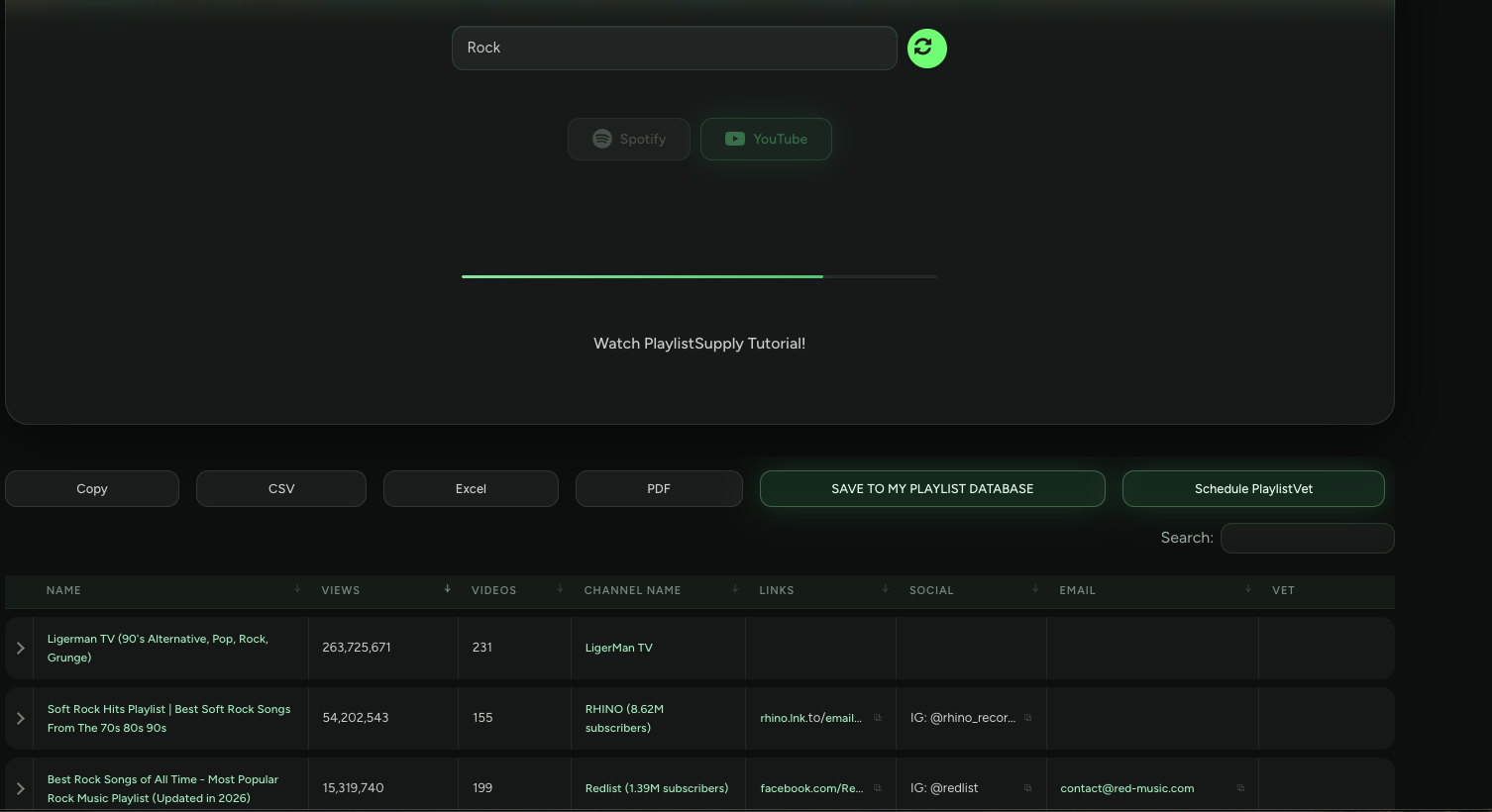 PlaylistSupply YouTube Playlist Search results for the keyword rock, showing playlist views, video counts, channel names, links, social handles and curator emails